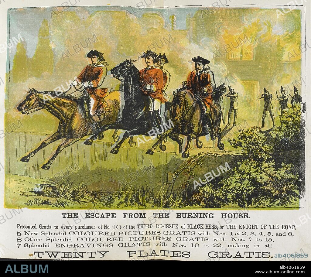 The escape from the burning house'. Richard "Dick" Turpin (bap. 1705 â€“ 7 April 1739) was an English highwayman whose exploits were romanticised following his execution in York for horse theft. He was a poacher, burglar, horse thief and killer. He is also known for a fictional 200-mile (320 km) overnight ride from London to York on his horse Black Bess. Black Bess, or, The Knight of the road : a tale of the good old times / [by Edward Viles]. London : E. Harrison, [1866-1868]. Source: C.140.a.15, volume 1, fold-out.