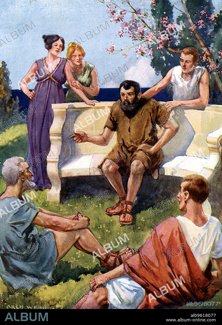 Aesop, Greek fabulist, 1493. Aesop may in fact only be a figure of legend, but according to Herodotus, he lived c620-560 BC. In this artist's reconstruction he is pictured telling one of his fables in a garden in spring, holding his audience enthralled.