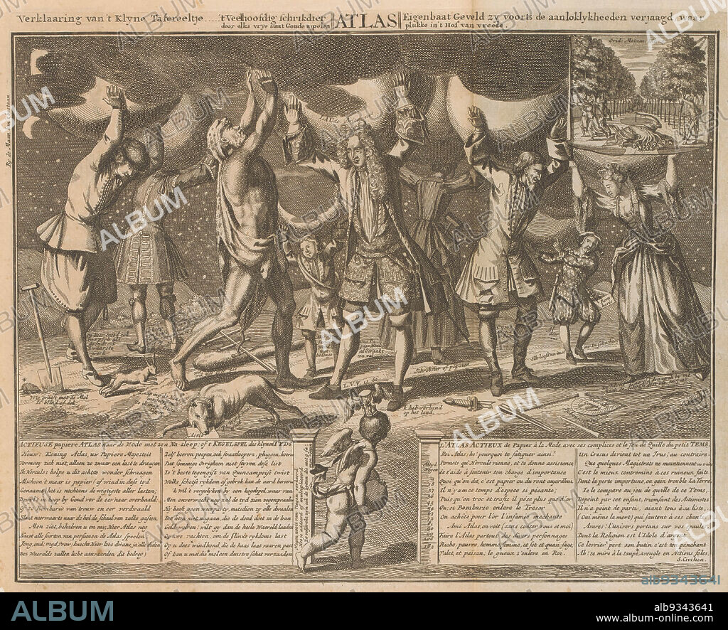John Law and others carry their debts on their shoulders, 1720, Actieuse papiere Atlas naar de Mode met zyn Na-sleep; of t Kegelspel des klynen, Typds, L'Atlas Actieux de Papier à la Mode (...) (title on object), Het Groote Tafereel der Dwaftheid (series title), John Law and other men and women carry their debts like Atlas as a huge ball (with wind or paper) on their shoulders. In the foreground time stands ready to topple the persons with a ball. With captions in Dutch and French by S. Civilien. Print in the bound first edition (304 B 10) of Het Groote Tafereel der Dwaasheid met spotprenten op de Windhandel of Actiehandel of 1720., print maker: anonymous, Northern Netherlands, 1720, paper, etching, height 285 mm × width 360 mm.