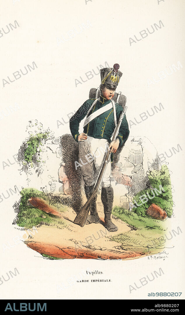 Uniform of the Wards of the French Imperial Guard, 1811-1815. In rifleman's shako with pompon, green coat with yellow piping, breeches and gaiters, armed with musket. Pupilles, Garde Imperiale. Handcoloured woodcut by ABL (Andrew Best Leloir) after an illustration by Hippolyte Bellangé from P.M. Laurent de lArdeches Histoire de Napoleon, Paris, 1840.