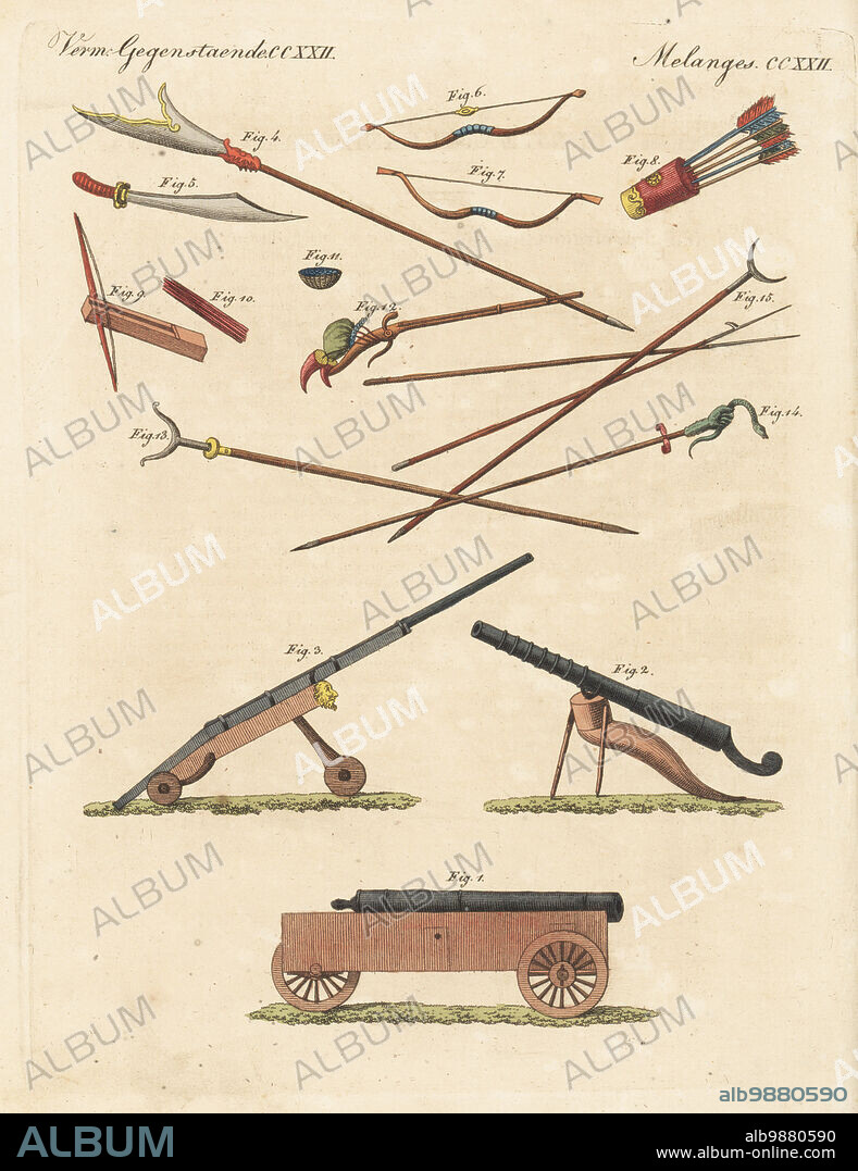 Chinese fire-arms and other weapons. Large artillery cannon 1, old cannon 2, culverin 3, halberd 4, cavalry sabre 5, bows 6,7, quiver 8, crossbow 9, darts 10, lead balls 11, musket 12 and rest 13, hand with serpent symbolizing prudence 14, and lances 15. Copied from an illustration by Antoine Cardon in Jean Baptiste Joseph Breton's La Chine en miniature, 1811. Handcoloured copperplate engraving from Carl Bertuch's Bilderbuch fur Kinder (Picture Book for Children), Weimar, 1815.