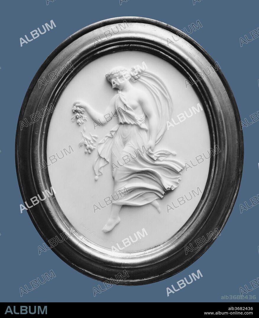 Spring. Artist: William Henry Rinehart (American, Union Bridge, Maryland 1825-1874 Rome). Dimensions: 19 1/8 x 15 3/8 in. (48.6 x 39.1 cm). Date: 1856; carved 1874.
"Spring" and its pendant, "Winter," were among the earliest works Rinehart created after moving to Italy in 1855.  Personifications of the seasons and the times of day were frequent themes in Neoclassical relief sculpture. This work is reminiscent of the popular reliefs by the Danish sculptor Bertel Thorvaldsen, especially his "Day and Night" (1815; Thorvaldsens Museum, Copenhagen). Only the oval shape is a departure, since most Neoclassical reliefs are circular.  Rinehart's bas-relief depicts a young woman as the personification of Spring, with classicized facial features and hair treatment. Her flowing drapery, revealing one breast in the manner of antique sculptures of Amazons, closely outlines her elongated form. She scatters flowers, her symbol.