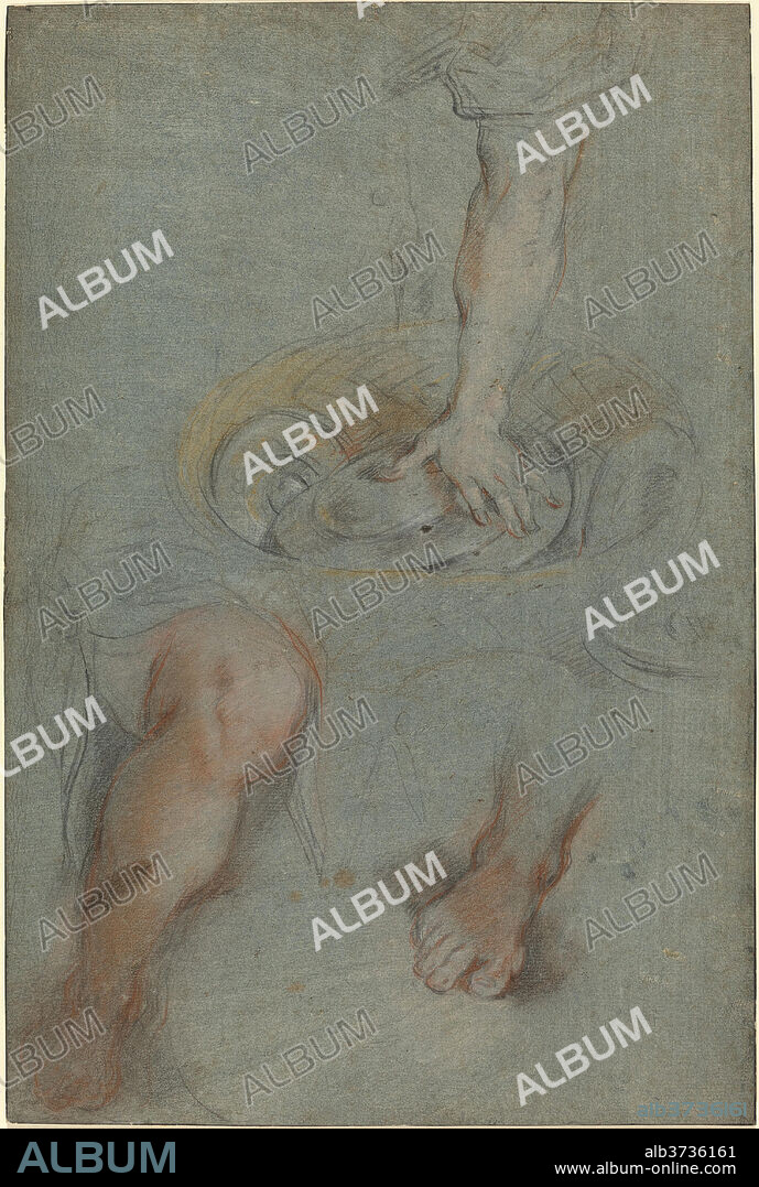 FEDERICO BAROCCI. Studies for a Servant in "The Last Supper". Dated: c. 1590/1599. Dimensions: overall: 41.3 x 27.6 cm (16 1/4 x 10 7/8 in.). Medium: black, red, and yellow chalk heightened with  white chalk on blue tinted paper.