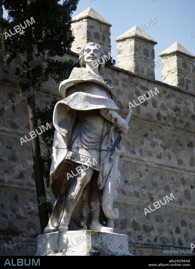 ALFONSO VI DE LEON (1047-Toledo,1109), llamado "el Bravo". Rey de León (1065-1109), Castilla (1072-1109) y Galicia (1071-1109). Hijo segundo de Fernando I y su esposa Sancha. En 1085 sometió a todo el reino de Toledo, mediante un pacto de capitulación por el cual se garantizaba a los pobladores musulmanes la seguridad de sus personas y bienes. Escultura de Alfonso VI junto a las murallas. TOLEDO. Castilla-La Mancha. España.