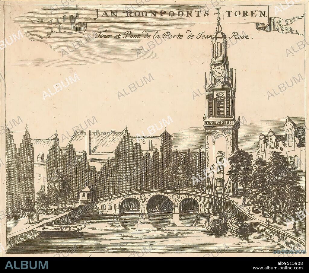 View of the Jan Roodenpoortstoren in Amsterdam, Jan Roonpoorts Toren / Tour et Pont de la Porte de Jean Roon (title on object), De kercken en de Voornaemste gebouwen van Amsterdam met desselfs vergrotements / Les eglises et les principaux edifices d' Amsterdam avec ses agrandissements (series title), View of the Jan Roodenpoortstoren in Amsterdam, situated on the corner of the Singel and the Torensteeg. On the street and on the bridge several figures., print maker: anonymous, publisher: Frederik de Wit, (possibly), Amsterdam, 1675 - 1706, paper, etching, engraving, height 115 mm × width 137 mm.