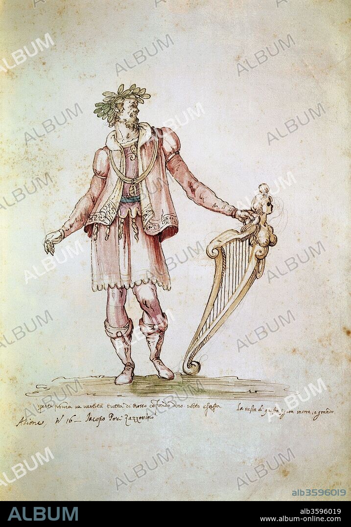 BERNARDO BUONTALENTI. Portrait of Jacopo Peri (1561-1633). Costume design of Arion in the 5th Intermedio of La Pellegrina.