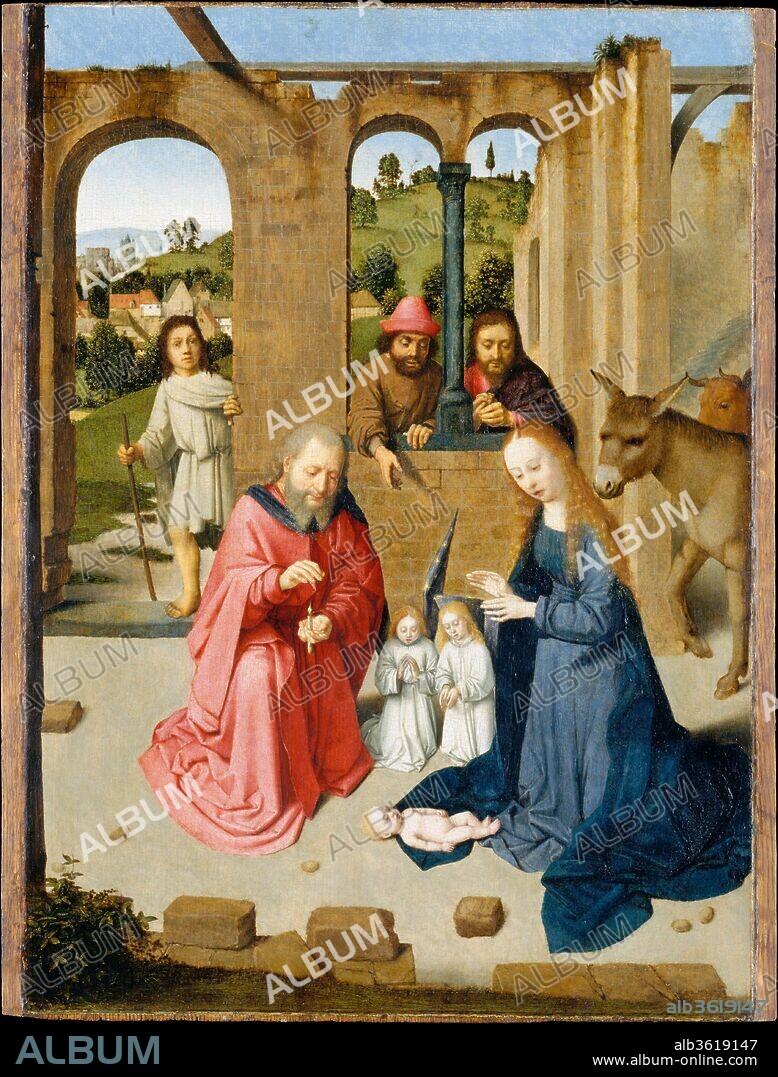 The Nativity. Artist: Gerard David (Netherlandish, Oudewater ca. 1455-1523 Bruges). Dimensions: Overall 18 3/4 x 13 1/2 in. (47.6 x 34.3 cm), painted surface 18 1/2 x 13 3/8 in. (47 x 34 cm). Date: early 1480s.
This painting, which most likely was intended as a single, private devotional panel, combines the depiction of the Nativity and the Adoration of the Shepherds as described in both biblical and mystical literature. It probably dates from the early 1480s, before David established himself in Bruges. The homely and naive figure types and the geometric simplification of the heads of the Virgin and angels reflect models the artist knew from his early training in the northern Netherlands. Already present is the characteristic combination of serene landscape, simple architectural setting, and meditative figures that would contribute to the painter's popularity.