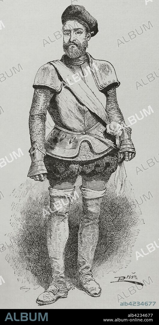 Diego García de Paredes y Torres (1466-1534). Más conocido como El Sansón de Extremadura. Militar español. Grabado. "Museo Militar del Ejército Español", Tomo I. Evaristo Ullastres Editor. Barcelona, 1883. Biblioteca Histórico Militar de Barcelona, Cataluña, España.