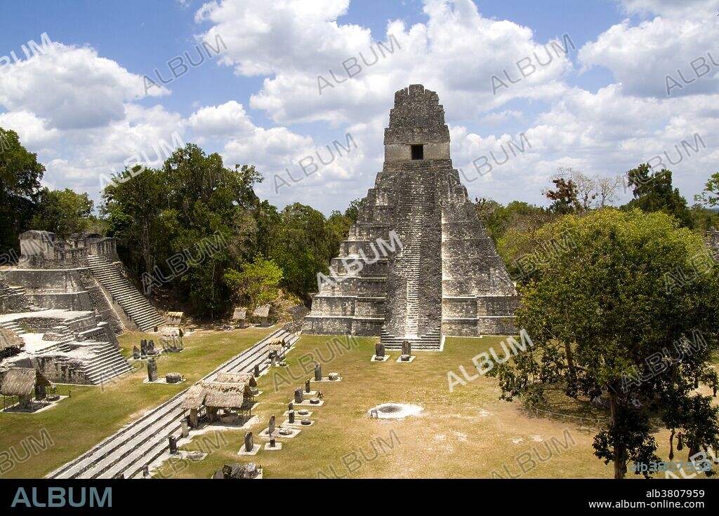 Tower I, one of the remaining architectural structures of the ancient Mayan civilization, Gran Plaza, Tikal, Guatemala.