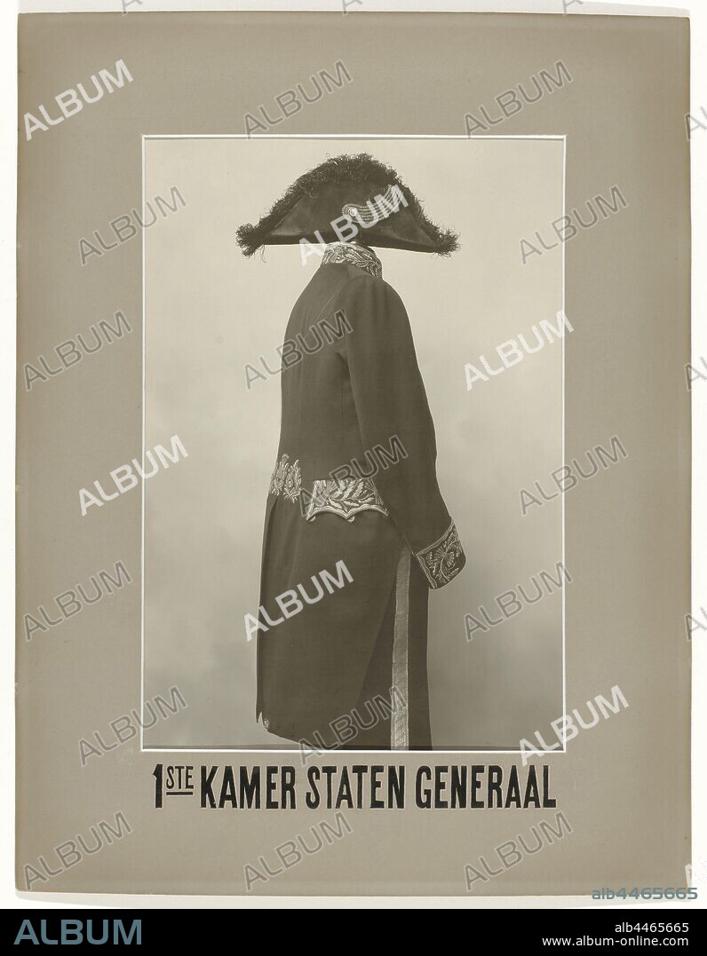 1st Chamber of the States General, One of eight photographs of official costumes, in gray-brown passe-partout with paint, capital, black letter with white 'shadow'. Caption: 1st ROOM STATES GENERAL. Marked, r.o .: relief stamp: 'P. Clausing jr / Haarlem', P. Clausing, Haarlem, 1875 - 1900, paper, cardboard, h 55 cm × w 42 cm.