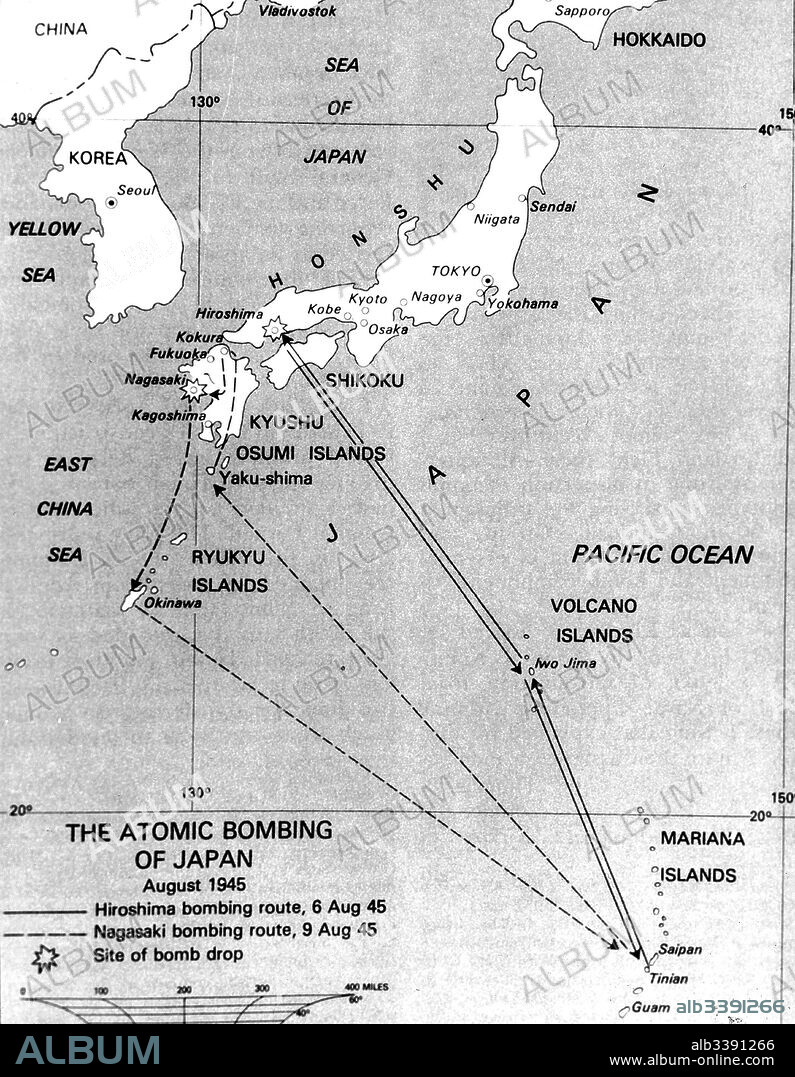 Map showing the location of the atomic bombings on Japan, 1945. Image courtesy US Department of Energy.