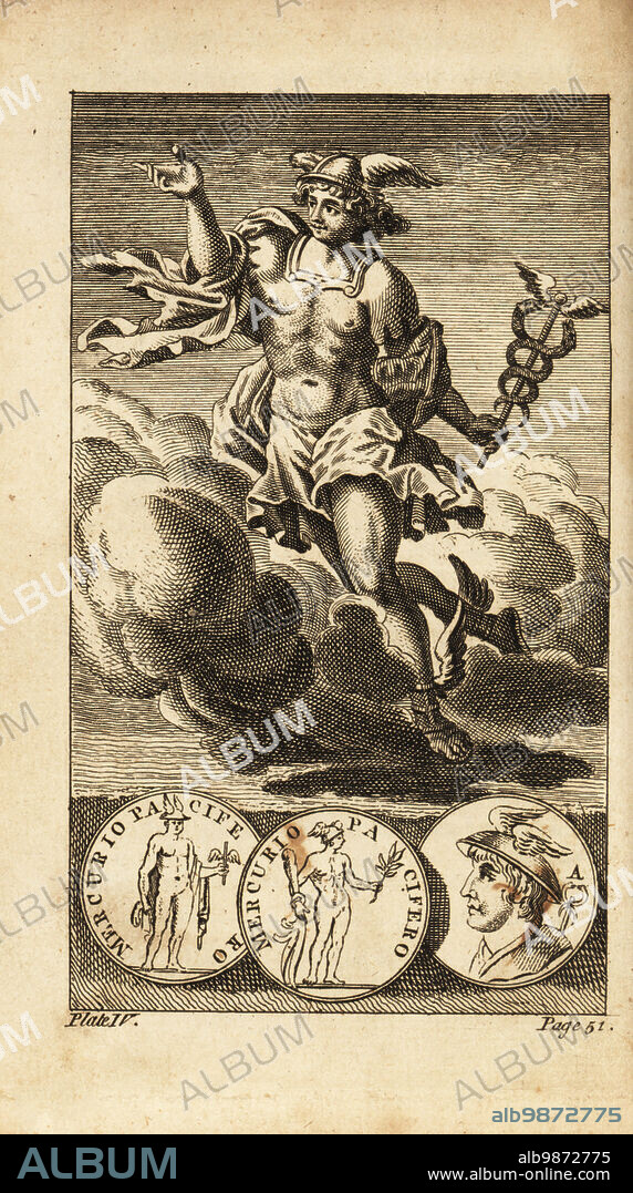 Mercury, messenger of the Roman gods. With winged helmet or petasus, breastplate, winged sandals, and holding a caduceus. Copperplate engraving from Andrew Tookes The Pantheon, Representing the Fabulous Histories of the Heathen Gods, London, 1757.