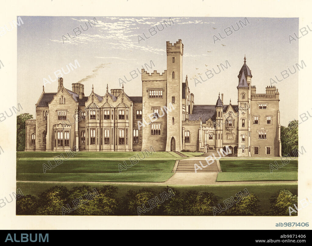 Rossmore Castle, County Monaghan, Ireland. Georgian Gothic-style castle built in 1827 by Warner Westenra, 2nd Baron Rossmore, and Henry Robert Westenra, 3rd Baron. Colour woodblock by Benjamin Fawcett in the Baxter process of an illustration by Alexander Francis Lydon from Reverend Francis Orpen Morriss Picturesque Views of the Seats of Noblemen and Gentlemen of Great Britain and Ireland, William Mackenzie, London, 1880.