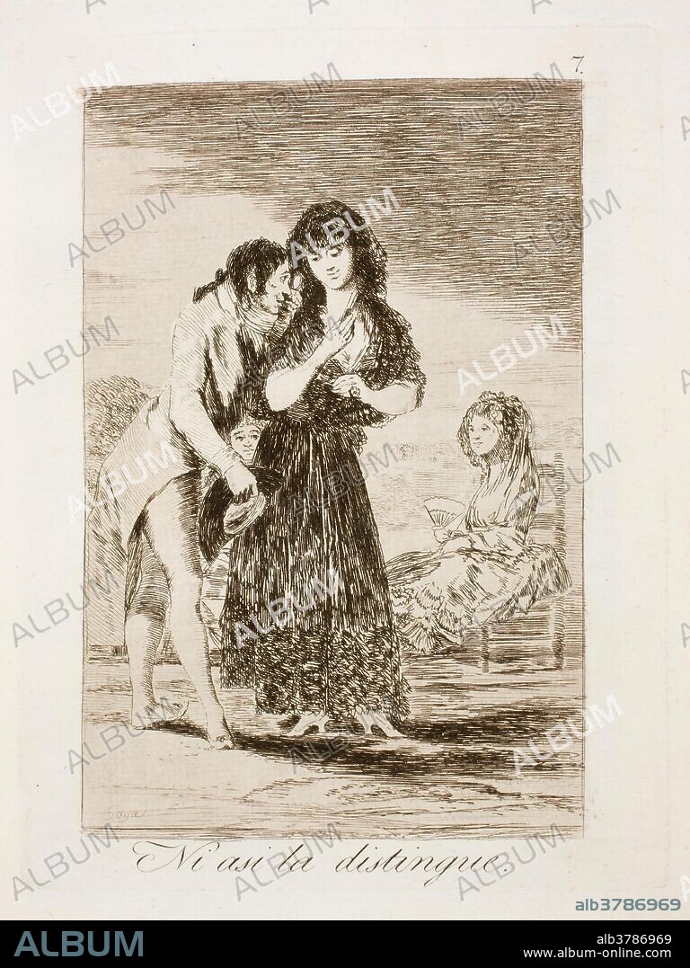 Francisco de Goya y Lucientes / 'Ni asi la distingue'. 1797 - 1799. Aguafuerte, Aguatinta, Punta seca sobre papel verjurado, ahuesado, 306 x 201 mm.