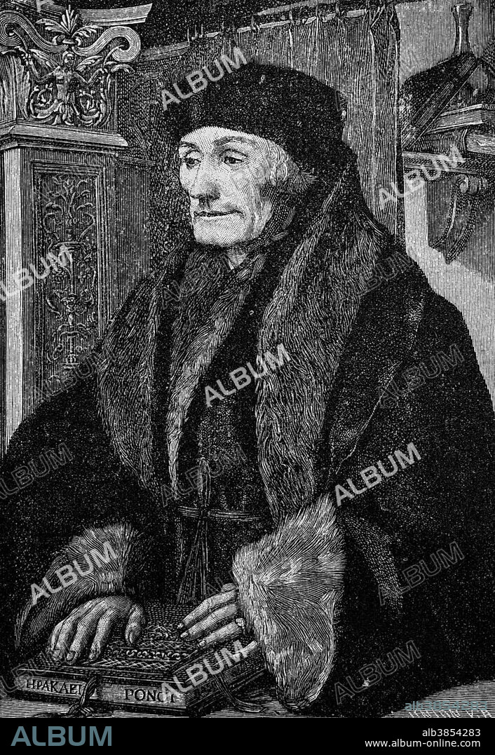 Desiderius Erasmus Roterodamus, also known as Erasmus of Rotterdam, about 1467 - 1536, an important Dutch scholar of European humanism, theologian, philosopher, philologist and author of numerous books, historic wood engraving, about 1897.
