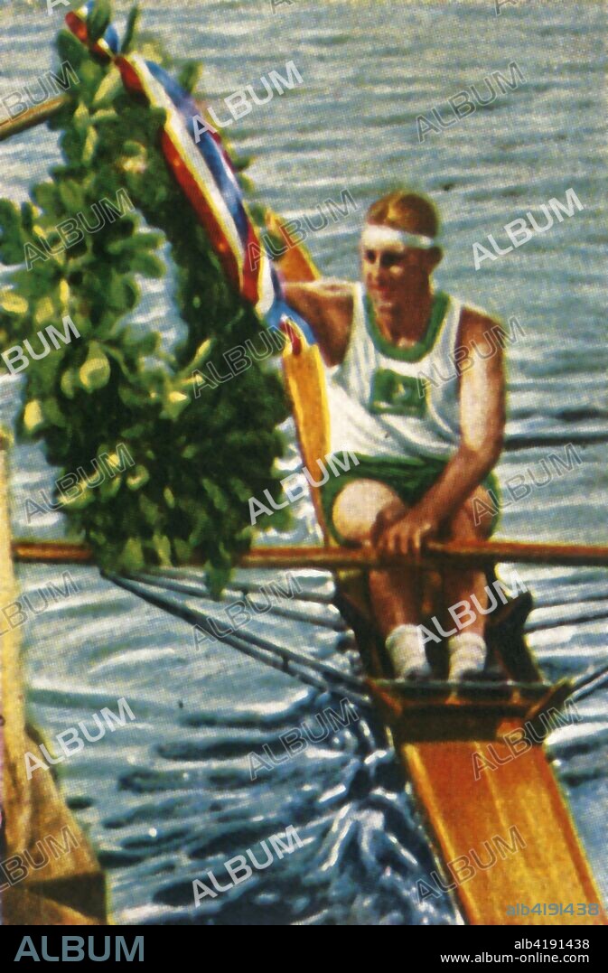 Australian rower Bobby Pearce wins the single sculls, 1928. Pearce (1905-1976) won gold medals at the 1928 Summer Olympics, held in Amsterdam, and at the 1932 Summer Olympics in Los Angeles. From "Die Welt in Bildern", (The World in Pictures), cigarette card album, c1928. [Georg A Jasmatzi, A.-G., Dresden, Germany].
