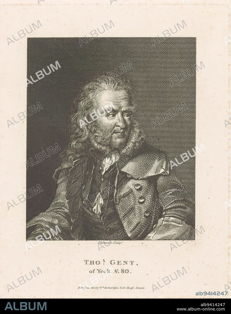 Portrait of the writer and printer Thomas Gent, Mr. Tho.s Gent of York Ae 80 (title on object), print maker: P. Rothwell, (mentioned on object), after painting by: Nathan Drake, publisher: William Richardson, (mentioned on object), London, 1812, paper, etching, height 192 mm × width 152 mm.