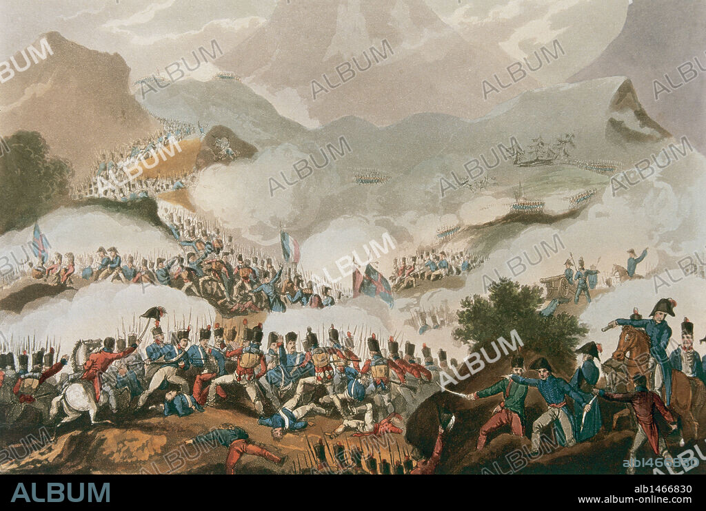 GUERRA DE LA INDEPENDENCIA ESPAÑOLA. "BATALLA DE LOS PIRINEOS" (28 de julio de 1813). Ofensiva hispanobritánica contra los últimos ejércitos imperiales franceses en la península. Grabado coloreado del s. XIX.