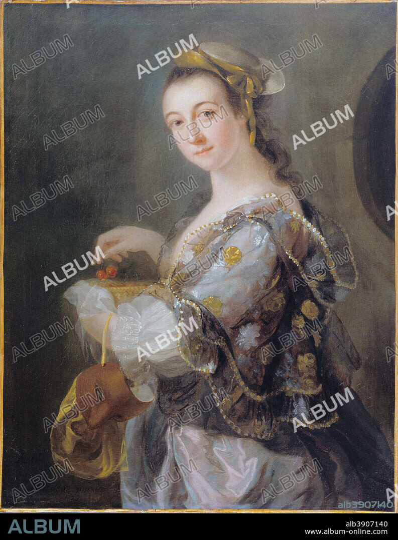 BENJAMIN WILSON. Portrait of a Lady with Mask and Cherries. Date/Period: 1753. Painting. Oil on canvas Oil. Height: 917 mm (36.10 in); Width: 707 mm (27.83 in).