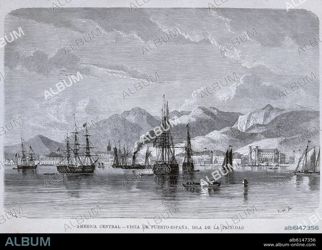 GRABADO-AMERICA CENTRAL-VISTA DE PUERTO ESPAÑA-ISLA DE LA TRINIDAD.