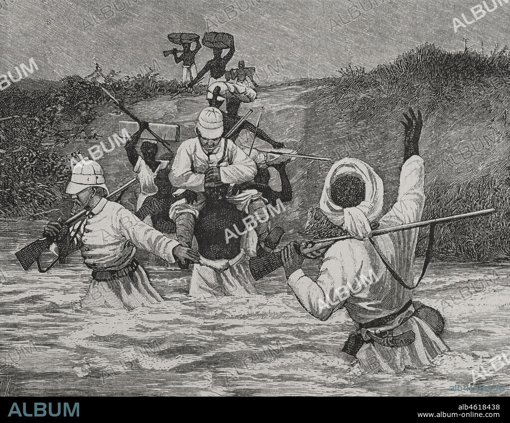Historia de Africa. Siglo XIX. El Congo. El paso de un río durante la estación lluviosa en Africa alemana. Grabado, detalle. El Congo y la Creación del Estado Independiente de este nombre. Historia de los Trabajos y Exploraciones Verificados, por Enrique M. Stanley. Editada en Barcelona, hacia 1890. España.