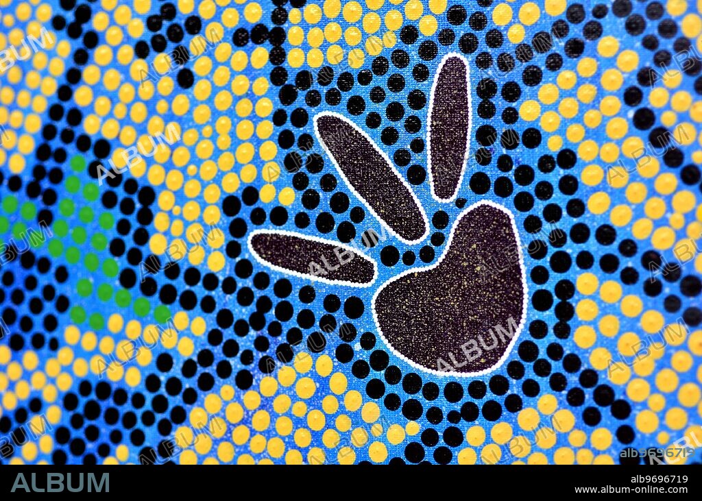 QUEENSLAND - APR 16 2016:Indigenous Australian art Dot painting of Kangaroo footprint. It's one of the oldest traditional form of art in the world. Paint marks to tell Aboriginal myths and legends.