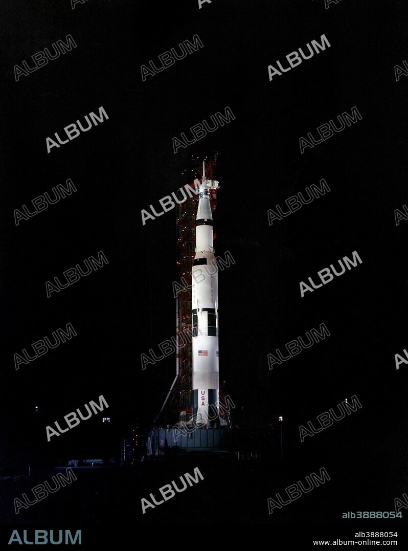 May 4, 1969 - Nighttime, ground-level view of the Apollo 10 (Spacecraft 106/Lunar Module 4/Saturn 505) space vehicle on Launch Complex 39, Kennedy Space Center, Cape Canaveral, Florida. This photograph of the 363-feet tall Apollo/Saturn V stack was taken during pull back of the mobile service structure. The Apollo 10 crew will be astronauts Thomas P. Stafford, John W. Young, and Eugene A. Cernan.