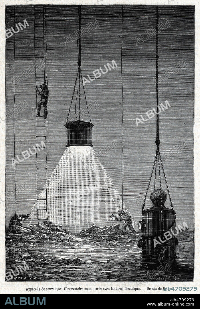 Appareils de sauvetage d'Ernest BAZIN (1826-1898) ; Observatoire sous-marin avec lanterne electrique. Illustration de BOCOURT pour le Magasin Pittoresque de novembre 1879. Credit : Collection KHARBINE-TAPABOR.