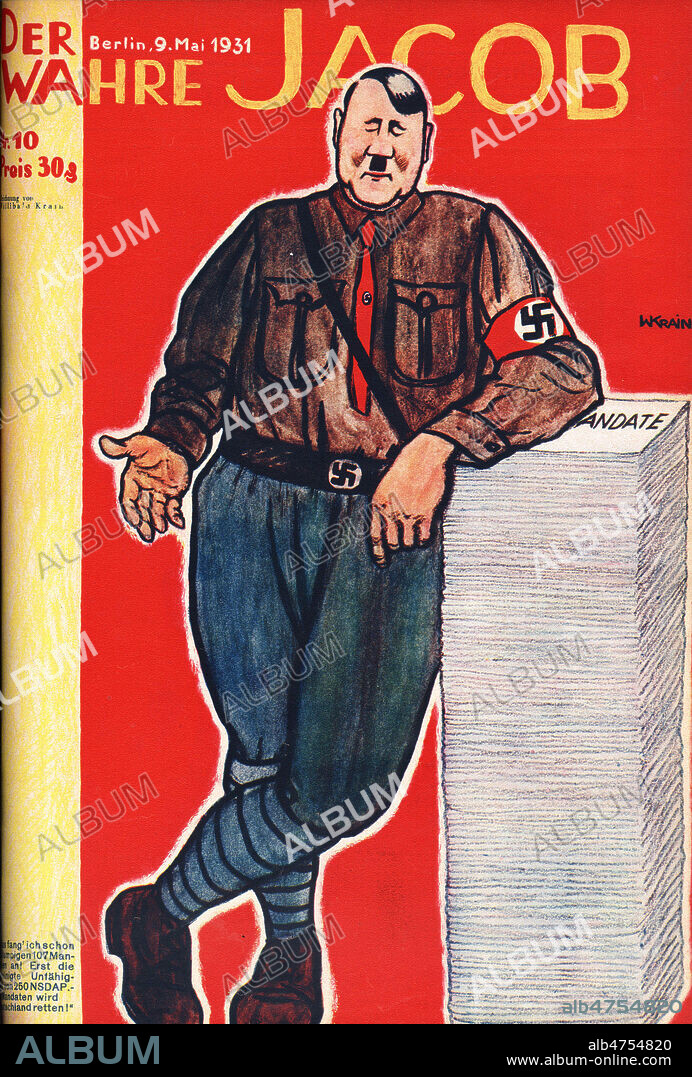 Caricature d'Hitler, appuye sur un tas de papier par W. Krain (1886-1945) en couverture de Der Wahre Jacob du 09/05/1931. annees 30. Credit : Coll. Dixmier/KHARBINE-TAPABOR.