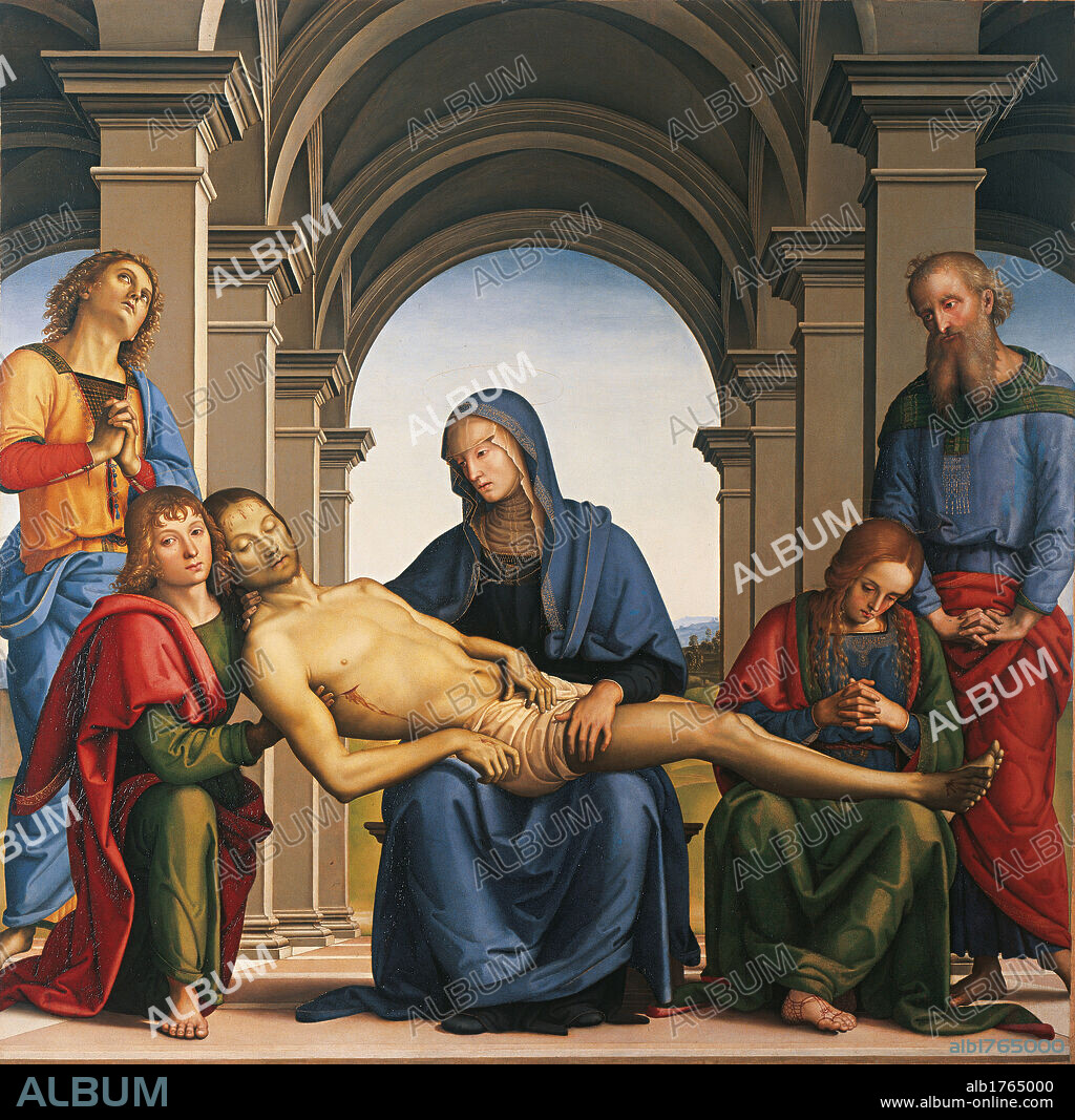 Piet (Lamentation over the Dead Christ), by Pietro Vannucci known as Perugino, 1494-1495, 15th Century, panel, cm 168 x 176. Italy, Tuscany, Florence, Uffizi Gallery. All. Dead Christ Virgin Mary Saints architectural inside loggia escape perspective arches columns. Authorization required for non editorial use.