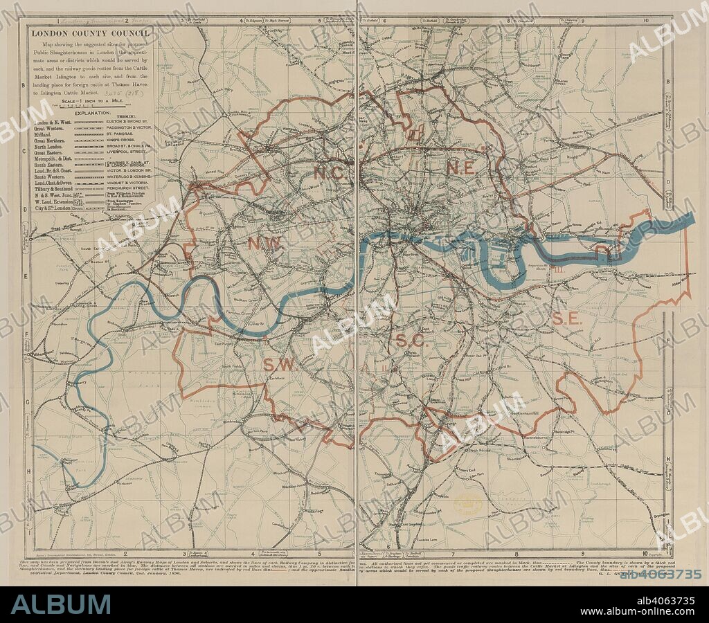 London. London County Council. Map showing the suggested s. London : London County Council, 1896. Map showing the suggested sites for proposed Public Slaughterhouses in London.  Image taken from London County Council. Map showing the suggested sites for proposed Public Slaughterhouses in London Scale, 1 inch to a mile.  Originally published/produced in London : London County Council, 1896. . Source: Maps.3485.(218),. Language: English.
