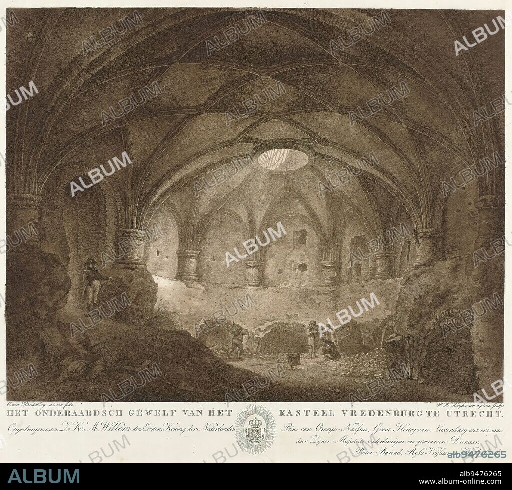 The subterranean vault of the castle Vredenburg in Utrecht (title on object), First print in a series of six showing old towers in Utrecht. View of a subterranean Gothic vault with an opening in the middle. On the left an army officer; on the right four working men. Below the scene the coat of arms of the house of Orange and a text., print maker: Willem Hendrik Hoogkamer, after drawing by: Cornelis van Hardenbergh, Pieter Barend, Utrecht, c. 1817 - c. 1936, paper, height 437 mm × width 510 mm.
