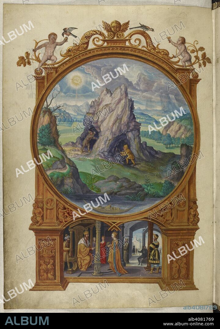 SALOMON TRISMOSIN. Illustration of the First Parable: alchemists searching for gold by quarrying into a rock; below, Esther and Ahasuerus. Splendor Solis. Germany, 1582. Source: Harley 3469, f.13v. Language: German.