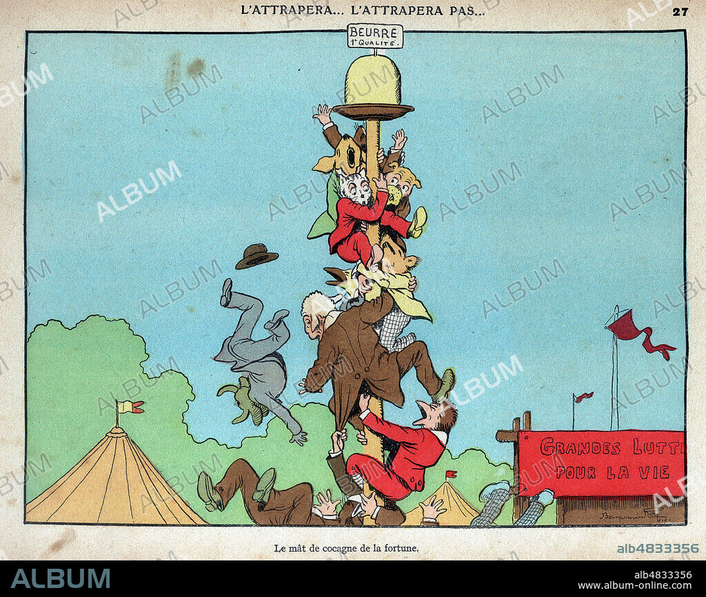 'L'attrapera... l'attrapera pas... Le mat de cocagne de la fortune'. Les animaux se battent pour la motte de beurre. Illustration pour la Menagerie de Benjamin RABIER (1864-1939), ouvrage publie en 1922. Credit : IM/KHARBINE-TAPABOR.