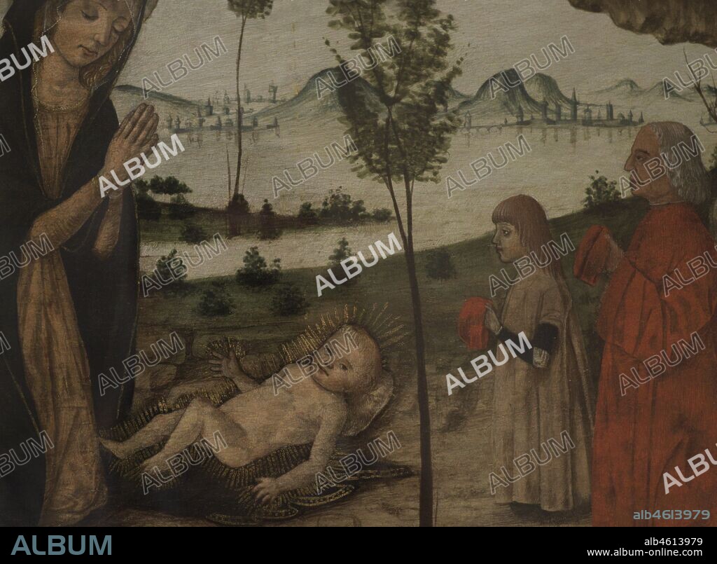 Master Alberto (ca.1450). The Nativity with other scenes. This artwork depicts three scenes related to the birth of Christ. Detail of the Madonna with her hands held together in prayer. Tempera on wood. National Museum of Fine Arts. Valletta. Malta.