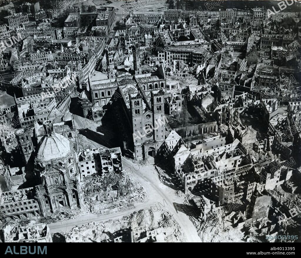 Würzburg, Germany, after Allied bombing, World War II, 1945. Würzburg was bombed on several occasions by the British and American air forces in 1944-1945. On the night of 16 March 1945 225 RAF Lancaster bombers devastated the city and its medieval centre in a raid that created a devastating firestorm and killed an estimated 5000 of the inhabitants.