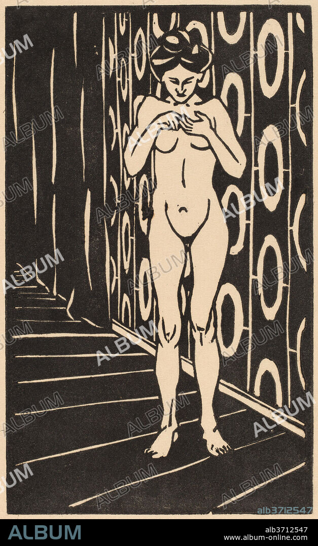 ERNST LUDWIG KIRCHNER. The Finger Game. Dated: 1905. Dimensions: image: 15 x 9 cm (5 7/8 x 3 9/16 in.)  sheet: 19 x 18 cm (7 1/2 x 7 1/16 in.). Medium: woodcut in black ink.