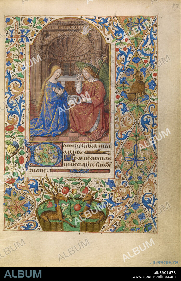 JEAN BOURDICHON. The Annunciation. Date/Period: Ca. 1480 - 1485. Folio. Tempera colors, gold, and ink on parchment. Height: 164 mm (6.45 in); Width: 116 mm (4.56 in).