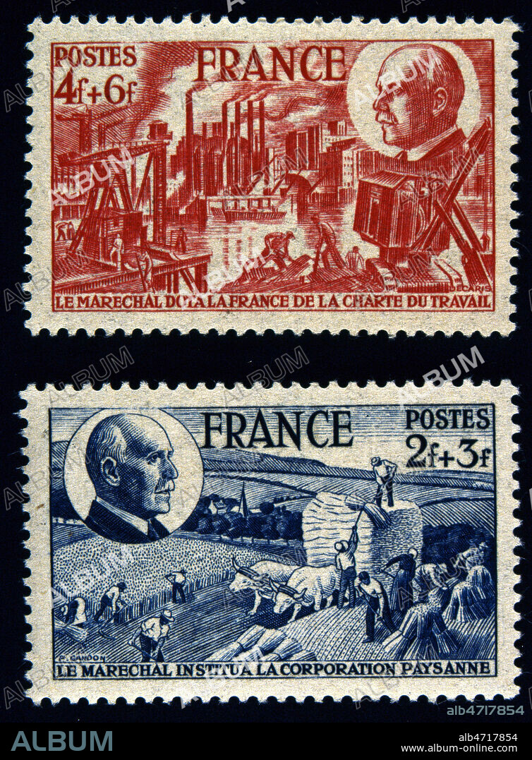 Timbres de 1944 sur la fondation par PETAIN (1856-1951) de la Charte du Travail et de la Corporation Paysanne. Credit : Collection JEAN VIGNE / KHARBINE-TAPABOR.