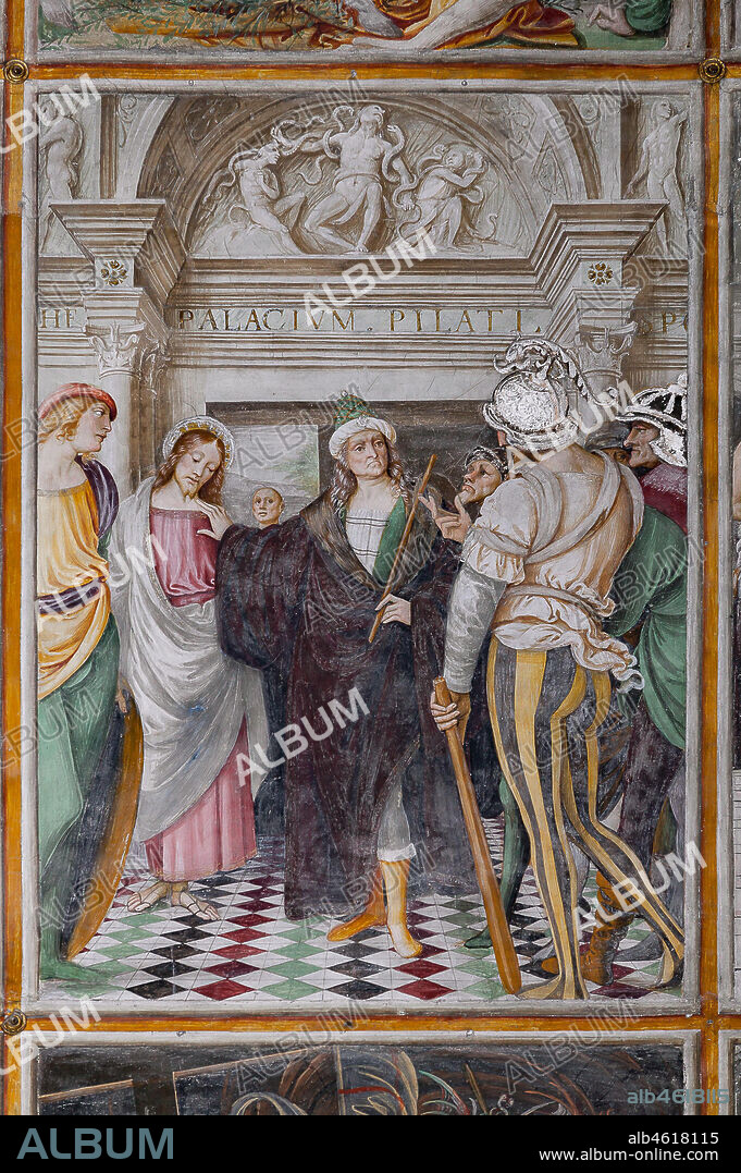 Varallo Sesia, Church of Santa Maria delle Grazie: frescoes of the Gaudenzio Ferrari wall "The life and the Passion of Christ", by Gaudenzio Ferrari, 1513. Detail of "Jesus in Pontius Pilate's Palace." At the top, a representation of Laocoön.