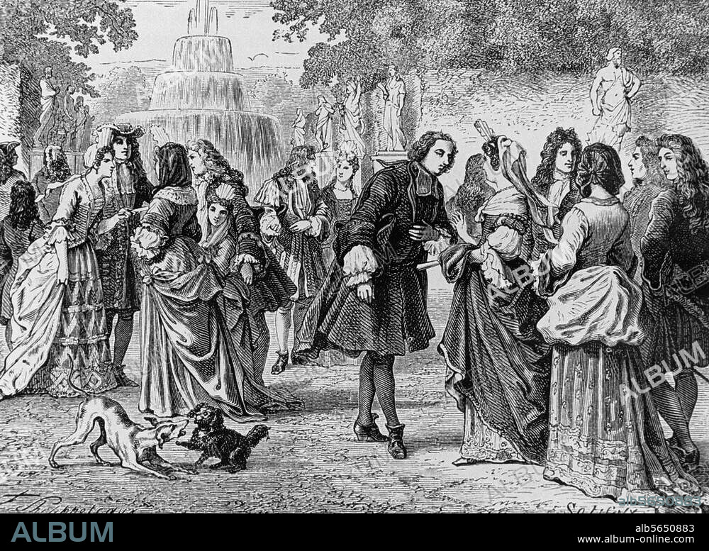 FELIX PHILIPPOTEAUX. Garten und Park / Menschen im Park. "La Cour dans les jardins de Versailles, sous Louis XIV". (Höfische Gesellschaft zur Zeit König Ludwigs XIV. von Frankreich im Schloßpark von Versailles). Holzstich, 1875, von Soligny nach Zeichnung von Félix Philippoteaux. (1815-1884).