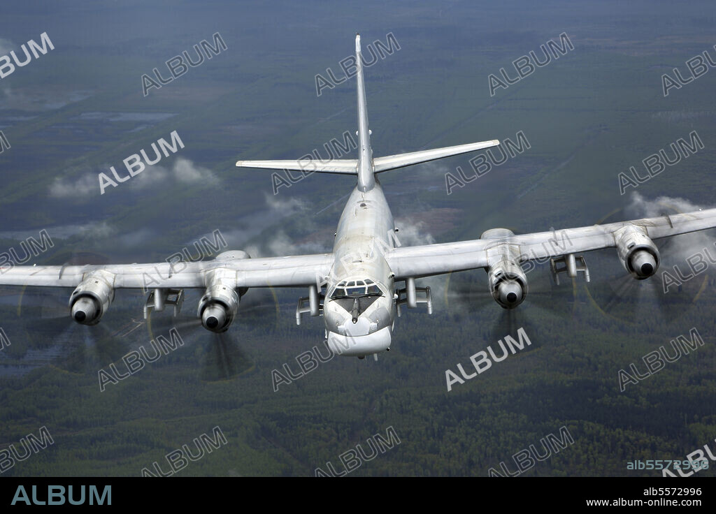 Tupolev Tu-95MS strategic bomber of the Russian Air Force at Victory day parade rehearsal, Moscow region, Russia.