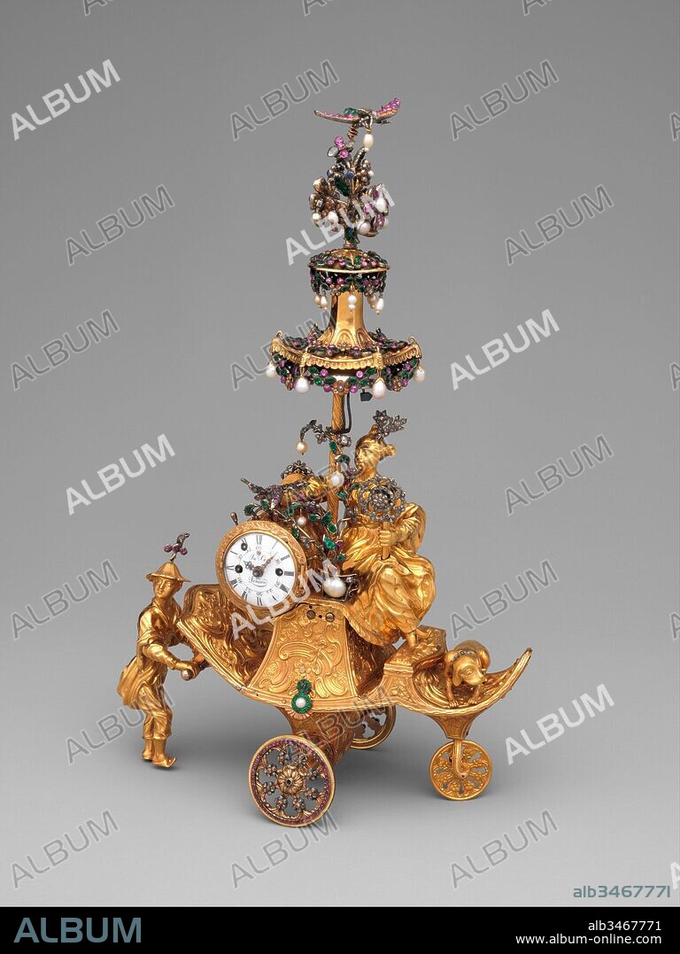 Automaton in the form of a chariot pushed by a Chinese attendant and set with a clock, James Cox (British, ca. 1723–1800), 1766, British, London, Case: gold with diamonds and paste jewels set in silver, pearls; Dial: while enamel; Movement: partly gilded brass and steel, wheel balance and cock of silver set with paste jewels, Overall: 10 1/4 × 6 3/8 × 3 1/4 in. (26 × 16.2 × 8.3 cm), Metalwork-Gold and Platinum, James Cox (British, ca. 1723–1800), James Cox produced lavishly ornamented articles for trade with Asia. In China, his products were well-received and called “toys” or “sing-songs.” Originally one of a pair, this automaton was commissioned by the English East India Company for presentation to the emperor of China.