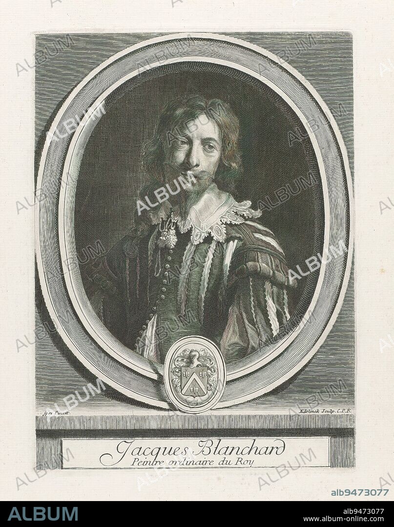 Portrait Jacques Blanchard, Jacques Blanchard / Peintre ordinaire du Roy (title on object), The French painter Jacques Blanchard (1600-1638) Portrait at half-length, seen from the front, in oval frame. In the lower center his coat of arms., print maker: Gerard Edelinck, (mentioned on object), c. 1660 - before c. 1700, paper, engraving, height 258 mm × width 189 mm.