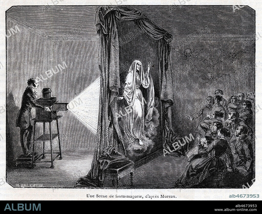 Une scene de fantasmagorie avec le fantascope du physicien ROBERTSON (1763-1837). Illustration de MOREAU pour le Magasin pittoresque de fevrier 1849. Credit : Collection Kharbine-Tapabor.