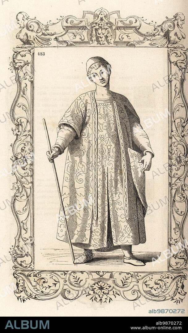 Young man of Japan, 16th century. He wears wide silk braies or trousers, velvet robe and is armed with scimitar and dagger. Jeune Japonais. Within a decorative frame engraved by H. Catenacci and Fellmann. Woodblock engraving by Gerard Seguin and E.F. Huyot after a woodcut by Christoph Krieger from Cesare Vecellios 16th century Costumes anciens et modernes, Habiti antichi et moderni di tutto il mondo, Firman Didot Ferris Fils, Paris, 1859-1860.