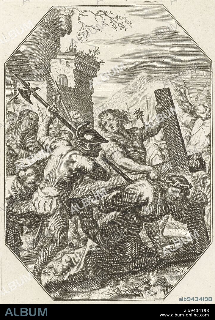 Christ collapses under the weight of the cross on the way to Golgotha and sinks to his knees. A soldier pushes him with a halberd into his back. Ninth print from a series of 13, depicting the Passion of Christ. Carrying the Cross The Passion , print maker: Cornelis Galle (I), (mentioned on object), Southern Netherlands, 1586 - 1650, paper, engraving, h 135 mm × w 93 mm.