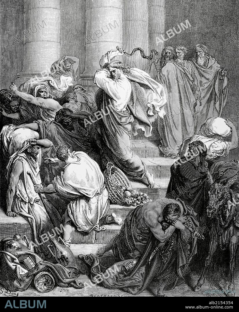 PAUL GUSTAVE DORÉ (after). New Testament. Gospel of Mark. Chapter XI. Jesus drives the merchants from the Temple. Gustave Dore's drawing. Engraving by A. Bertrand.