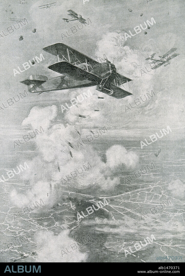 AVION MILITAR 'BREGUET XIX'. Modelo construído durante la I Guerra Mundial por Louis François Clément Breguet. "AVION BREGUET BOMBARDEANDO UNA CIUDAD DURANTE LA I GUERRA MUNDIAL". Grabado de 'L'Illustration' (año 1918). S. XX.
