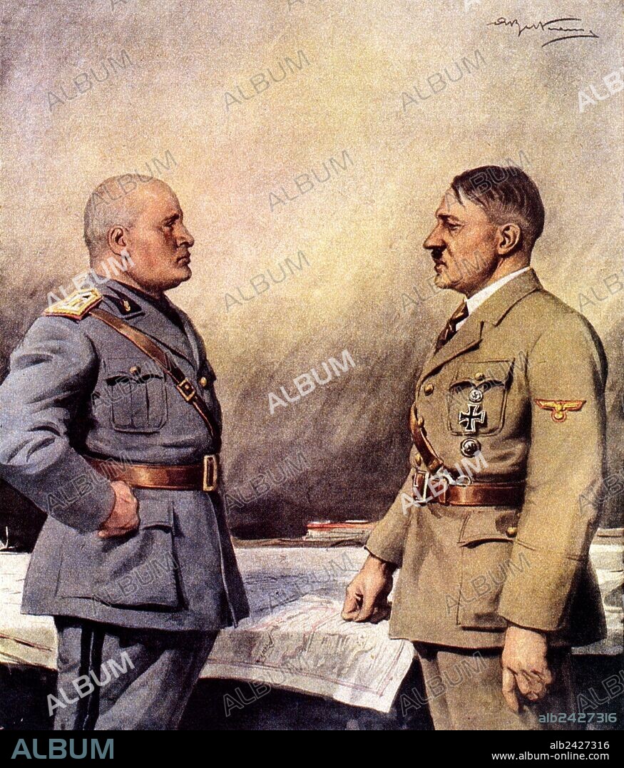 Second World War-Italy 1940-1943 The Duce of Fascism Benito Miussolini and the Fuhrer Adolf Hitler allied in an illustration of the Domenica del Corriere.